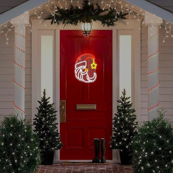 Moon Christmas Santa Neon Sign,Cute Anime Neon Light,Moon Star Neon Sign for Wall Decor,Red Christmas Hat USB Neon Light Sign for Party Store Living Room Bar Door Kids Bedroom Christmas Gift-VerdiqueGarden