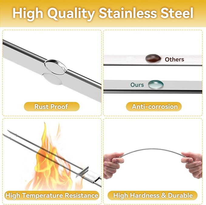 Skewers for Grilling, 17" (6 Pcs) Wooden Handle Double Pronged Stainless Steel Flat Kabob Skewers with Push Bar, Reusable Long Metal Skewer Sticks for Meat Chicken Vegetable, BBQ Accessories-VerdiqueGarden