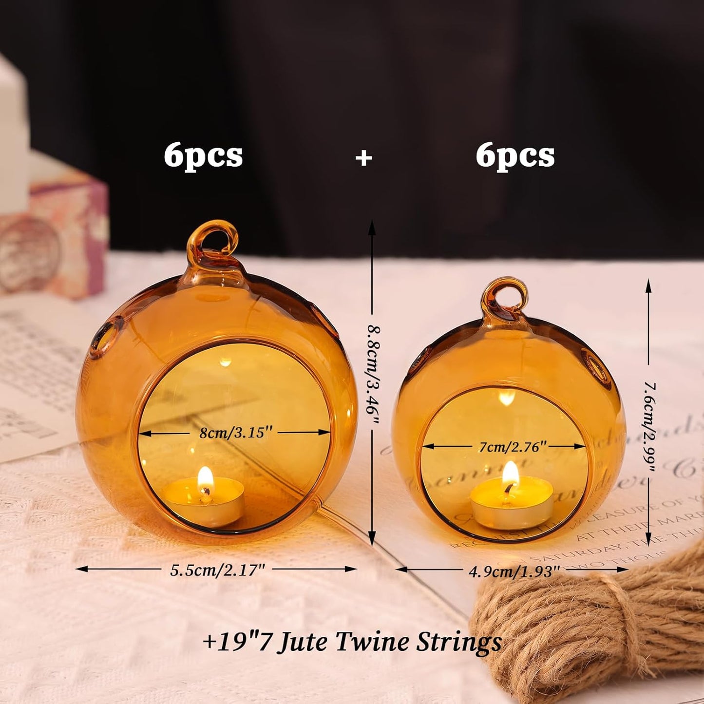 LETINE Assorted Amber Glass Orb Set (12pcs) with 2.17" & 1.93" Spheres - Versatile Tea Light Candle Holders & Air Plant Holders for Boho Wedding Decor-VerdiqueGarden