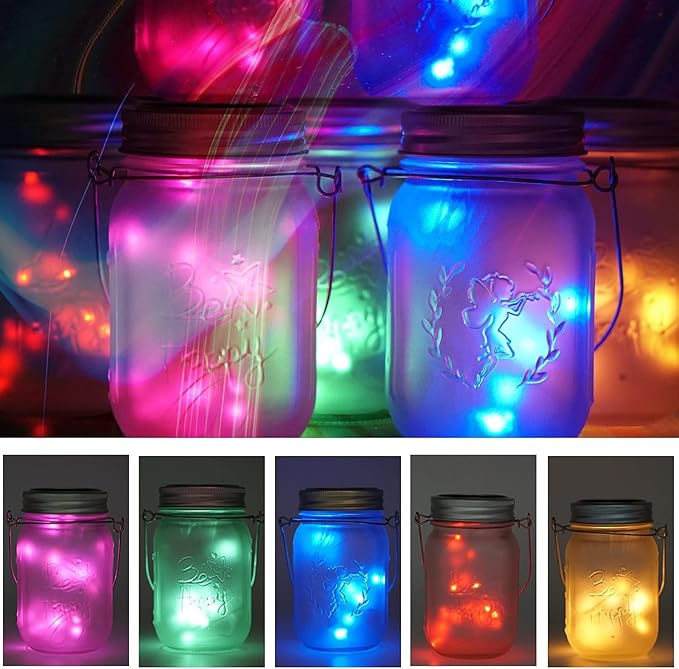 10 Pack 30 LED Solar Mason Jar Lid String Lights,Fairy Lights String Lids Lights Including 10 Pcs Hangers,for Indoor Outdoor Wedding Patio Garden Party Decorations Gift(No Jars) (5 Colors)-VerdiqueGarden