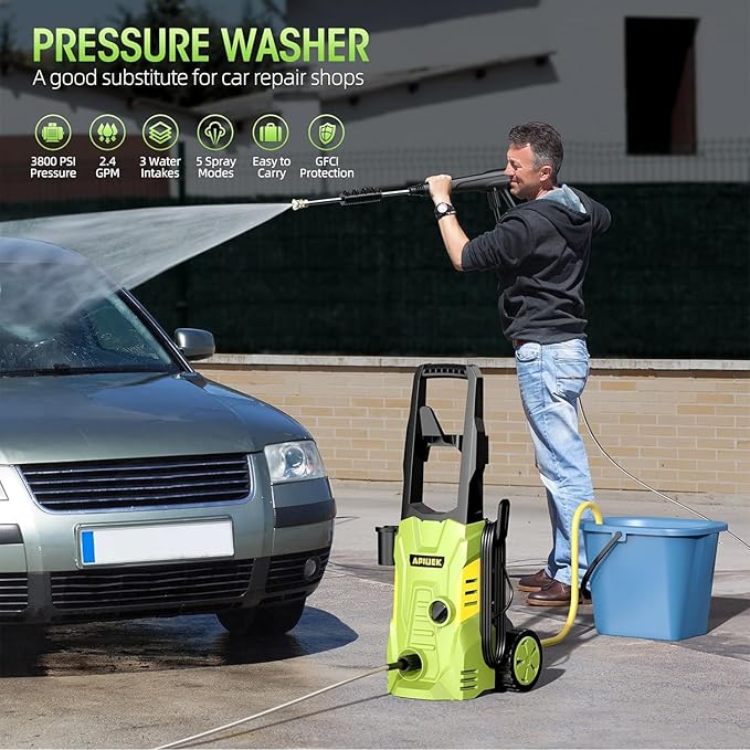Electric High Pressure Washer - Portable Washer with 23 FT Water Outlet & 6.6 FT Inlet Hose, Steel Spray Wand, Foam-Adjustable Cannon,4 Nozzle Set, Cleans Car/Patio/Fence/Window, 3800PSI 2.4GPM-VerdiqueGarden