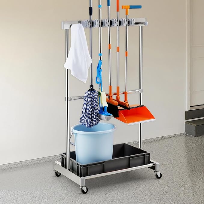 VEVOR Garden Tool Organizer, 10 Slots with Hooks, Yard Tool Tower Rack with Wheels for Garage Organization and Storage, Hold Long-Handled Tool/Rake/Broom, Metal Tool Stand Holder for Shed, Outdoor-VerdiqueGarden