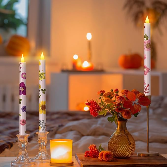 Nuanchu 6 Pcs Floral Taper Candles 10.6 Inch Pastel Flameless Candle Battery Operated Dried Flower Candlestick LED Pressed Floral Candlestick for Summer Home Wedding Dining Garden Party Decoration-VerdiqueGarden