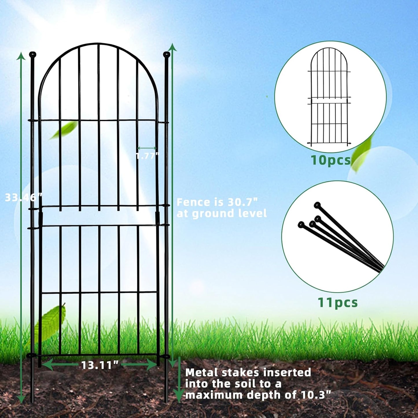 Decorative Garden Fence 31in (H) x10ft (L), 10 Pack No Dig Fence Animal Barrier for Dog, Arched Flower Bed Edging, Wire Border Panel Fencing for Yard Patio Outdoor Decor-VerdiqueGarden