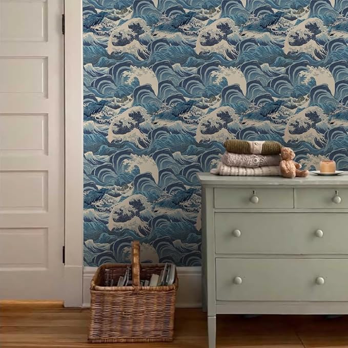 Hand Drawn Blue Sea Wave Reef Peel and Stick Wallpaper Self Adhesive Removable Easy Peel Off Stick on Wall Paper for Bedroom Cabinet Renter Friendly-VerdiqueGarden