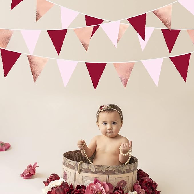 Burgundy Party Decorations Rose Gold Maroon Pink Fabric Triangle Pennant Banner Pink Garnet Flag Bunting Garland for Graduation Wedding Birthday Bridal Shower Bachelorette Anniversary Party Supplies-VerdiqueGarden