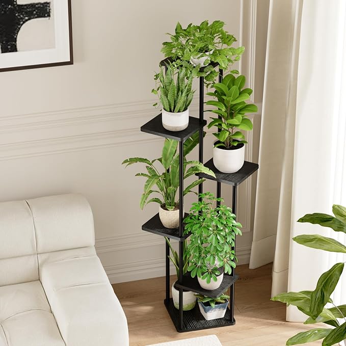 Bamworld 6 Tier Plant Stand Indoor, Tall Metal Plant Shelf for Multiple Plants, Corner Tiered Flower Stand for Patio Garden Balcony Living Room Bedroom(Black)-VerdiqueGarden