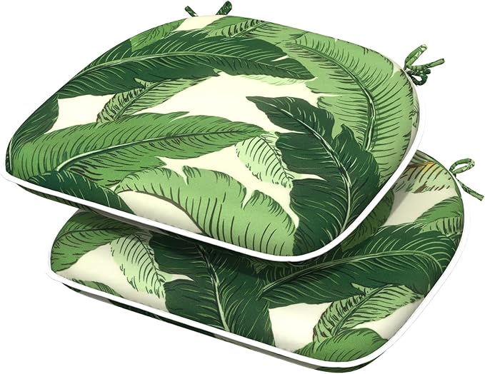 Indoor/Outdoor Chair Cushions 16x17 Inch, Patio Chair Cushions with Ties, All Weather Seat Cushions for Patio Furniture Home Garden Chair Use, Set of 2, Swaying Palms Green-VerdiqueGarden