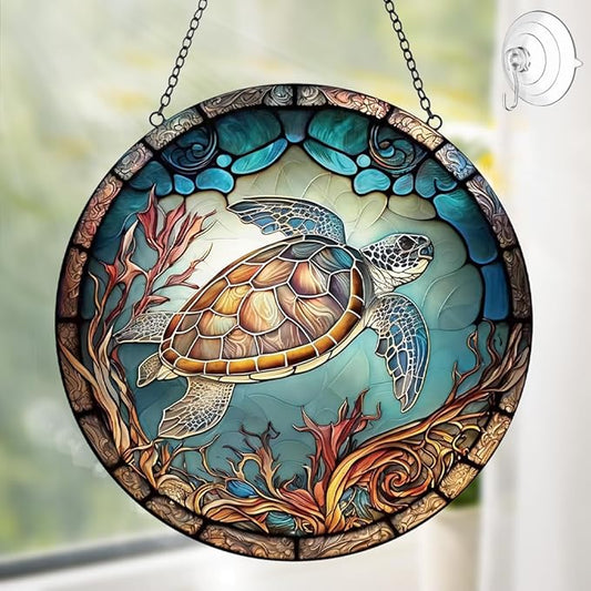 Sea Turtle Decor Suncatcher Stained Glass Window Hanging - Handmade Stained Glass Suncatchers Hangings with Hooks - Sea Art Glass Outdoor Garden Decor Gift for Women Him Valentines Day Birthday Gifts-VerdiqueGarden