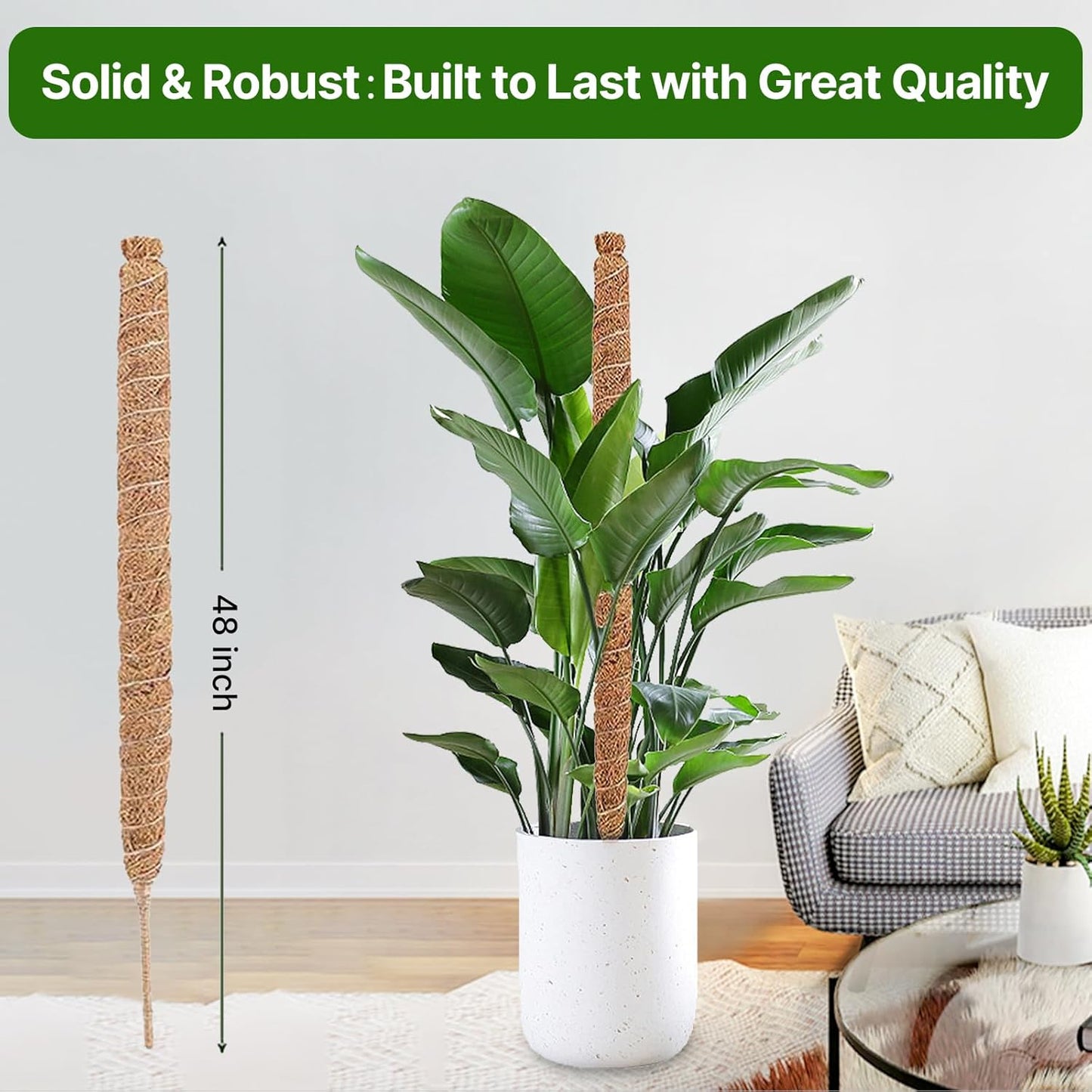 48 Inch Bendable Moss Pole for Plants Monstera, Coir Plant Pole Stick, Support Stake for Climbing Plants Indoor, Pothos, Philodendron, Moss Pole kit, Plant Support Stake for Plants Indoor-VerdiqueGarden