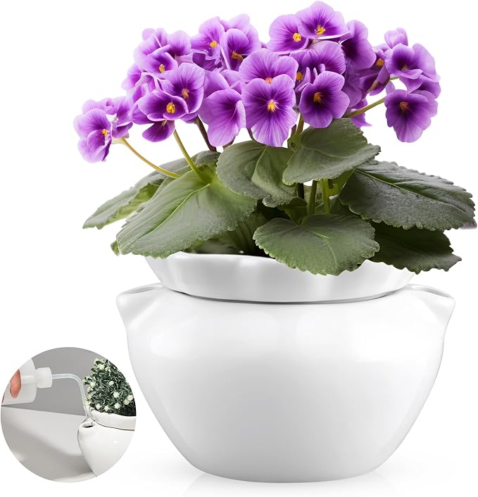 1 Set 7.5 Inches African Violet Pots Self Watering White Ceramic Pot for Indoor Plants, Flowerpot with Highly Absorbent Inner Pot for Busy Plant Lovers, Plant Care-VerdiqueGarden