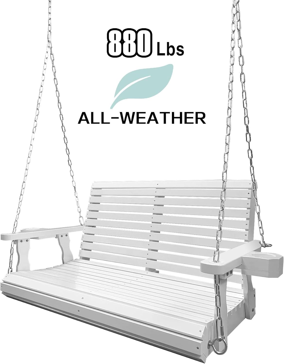 Wooden Porch Swing 2-Seater, Bench Swing with Cupholders, Hanging Chains and 7mm Springs, Heavy Duty 800 LBS, for Outdoor Patio Garden, Pure White, 4 FT Extra Large-VerdiqueGarden