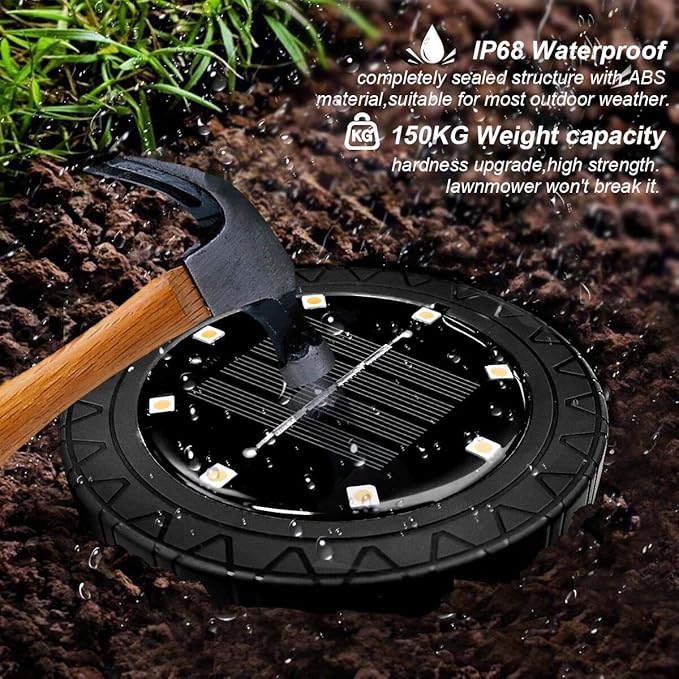 Solar Powered 8 Pack Outdoor LED Disk Lights - IP68 Waterproof, Non-Slip, Wear-Resistant Pathway Lights (Warm White)-VerdiqueGarden
