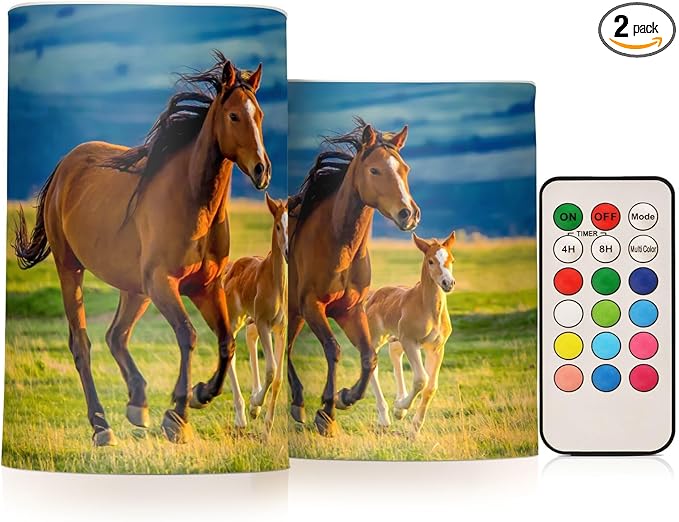 Flickering Flameless Candles, Beautiful Horses Summer Field LED Candles with Remote Timer, Set of 2 Battery Operated Candle for Valentine Wedding Birthday-VerdiqueGarden