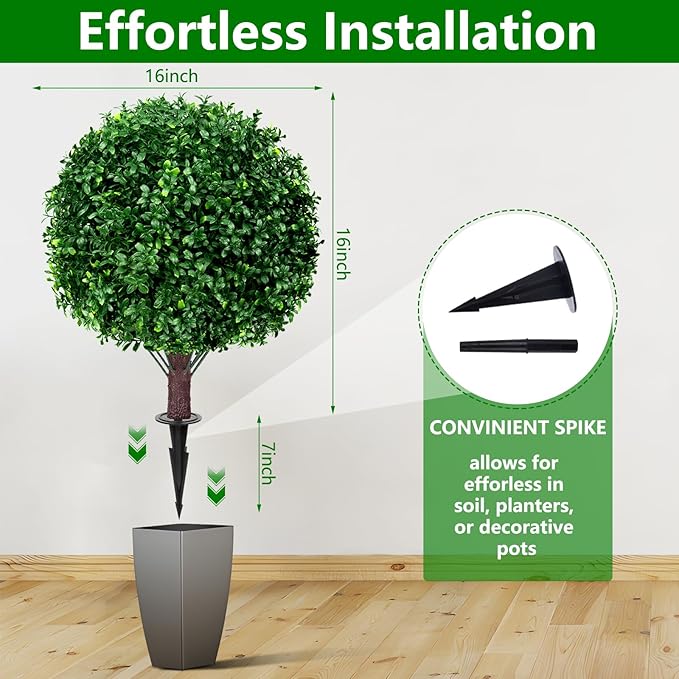 Artificial Boxwood Topiary Ball Tree Set of 2, UV Resistant Artificial Outdoor Shrubs with Spike, Decorative Evergreen Fake Topiary Bushes Plant for Front Porch Garden-VerdiqueGarden