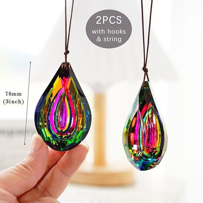 HDCRYSTALGIFTS Set 2 Crystal Prisms Suncatchers for Windows,76mm Rainbow Sun Catcher Glass Hanging Prisms Suncatcher Pendant for Home Garden Decor (Single Face Colorful)-VerdiqueGarden