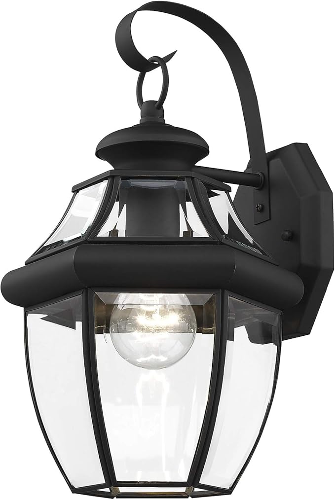 Livex Lighting 2151-04 Monterey 1 Light Outdoor Black Finish Solid Brass Wall Lantern with Clear Beveled Glass, 13" x 8.5" x 8.25"-VerdiqueGarden