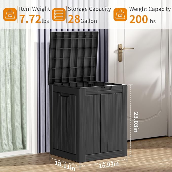 28 Gallon Resin Deck Box, Lockable Patio Outdoor Storage Box for Furniture, Garden Tools and Tools Storage, Waterproof Outside Storage Boxes - Black-VerdiqueGarden