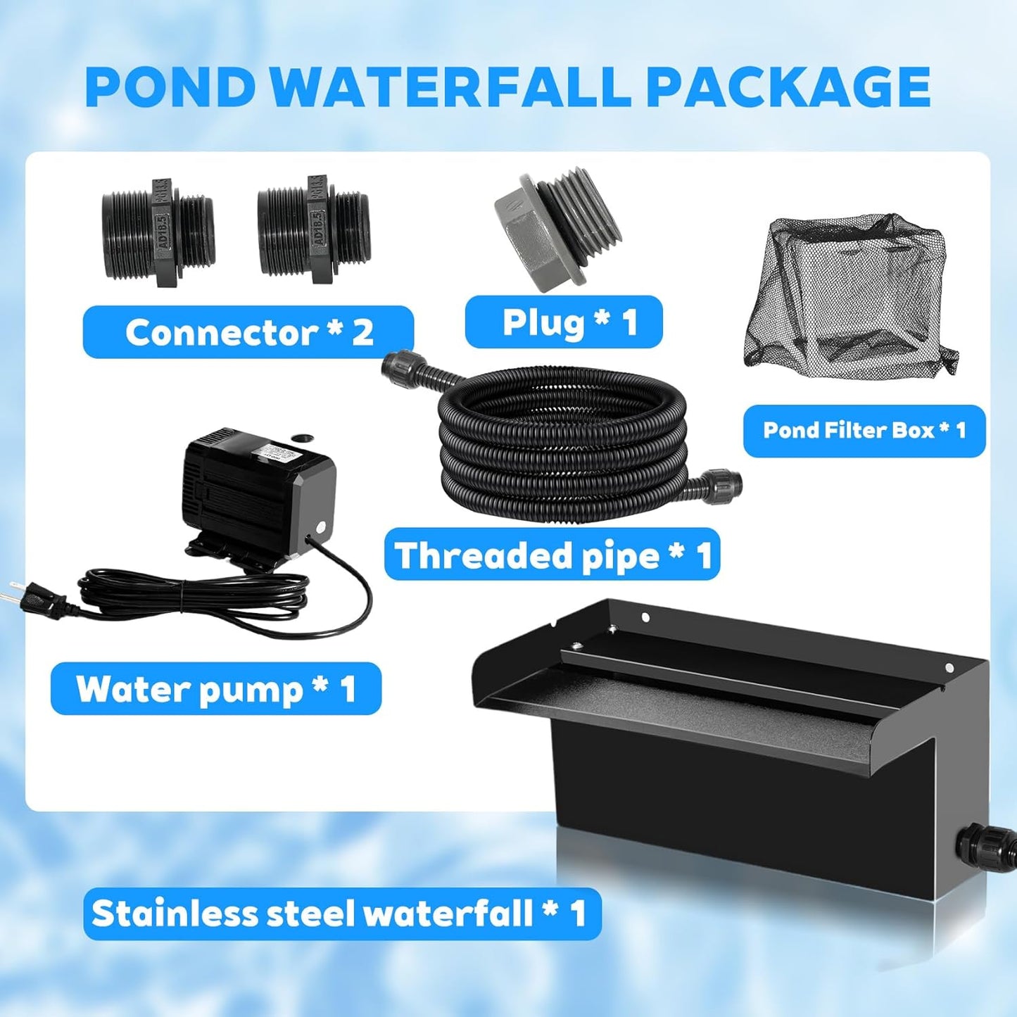 Pond Waterfall Kit with Pond Filter Box - 55W Submersible Pump & 12" Adjustable Waterfall Spillway | Complete Set with Extra Long Hose for Garden Ponds, Backyard Water Features-VerdiqueGarden