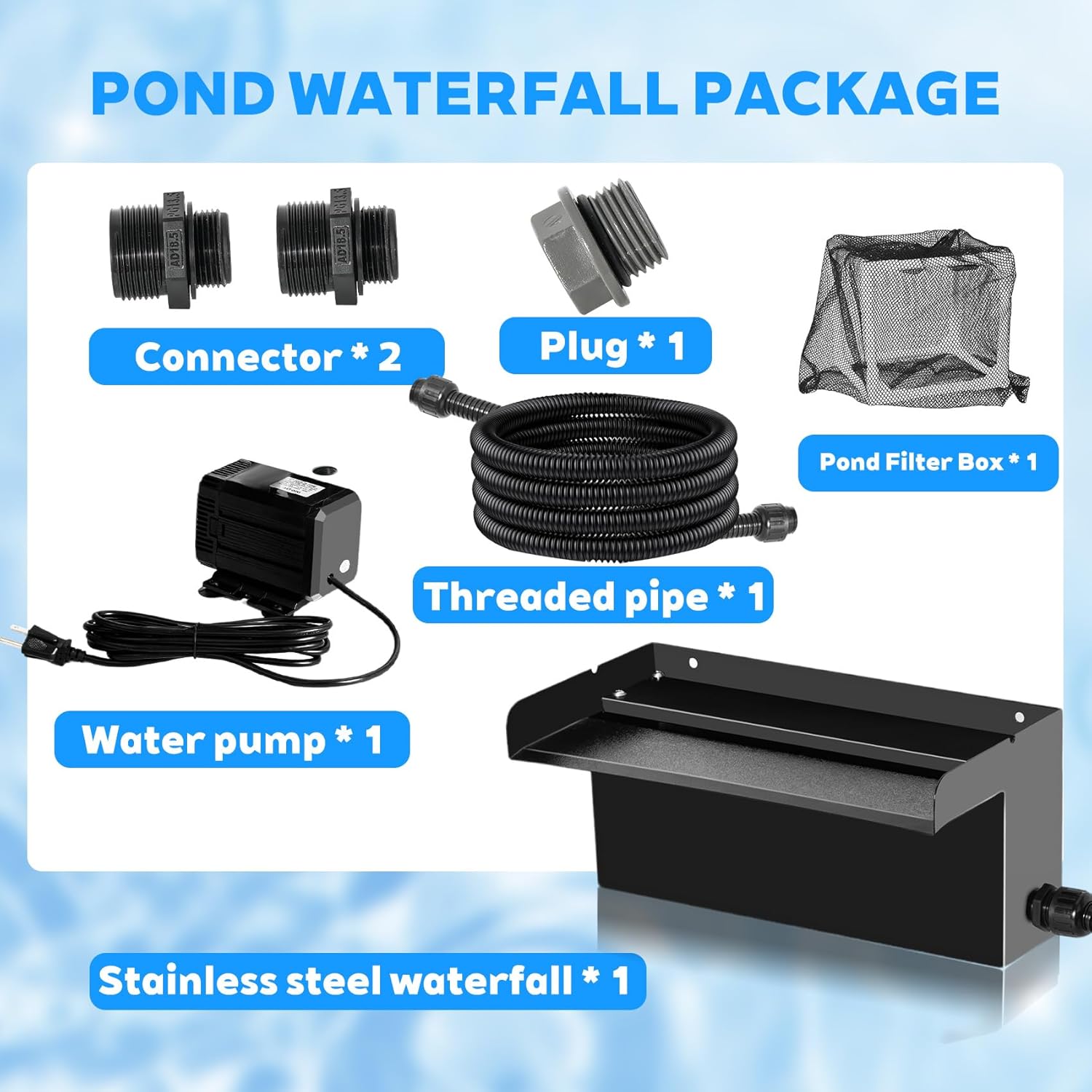 Pond Waterfall Kit with Pond Filter Box - 55W Submersible Pump & 12" Adjustable Waterfall Spillway | Complete Set with Extra Long Hose for Garden Ponds, Backyard Water Features-VerdiqueGarden