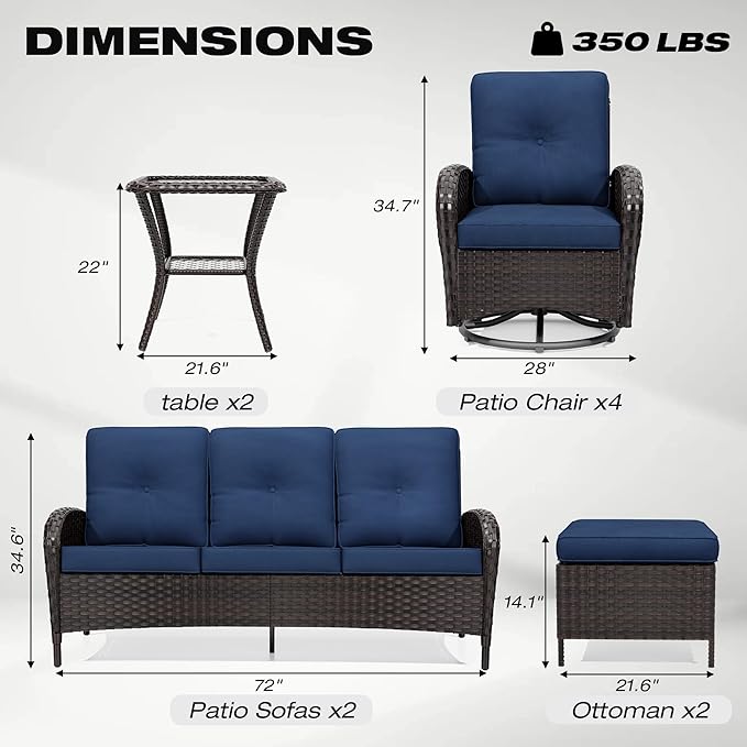 Joyside 10 Piece Patio Furniture Set, Outdoor Wicker Conversation Sets with Swivel Rocker Chairs and Sofa, Thick Cushion, Rattan Patio Sectional for Porch, Deck Use (Brown/Blue, 10 PCS)-VerdiqueGarden