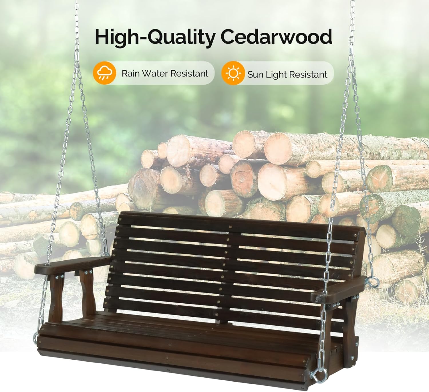 VINGLI Upgraded Patio Wooden Porch Swing for Courtyard & Garden, Heavy Duty 880 LBS Swing Chair Bench with Hanging Chains for Outdoors (Rustic, 4 FT)-VerdiqueGarden