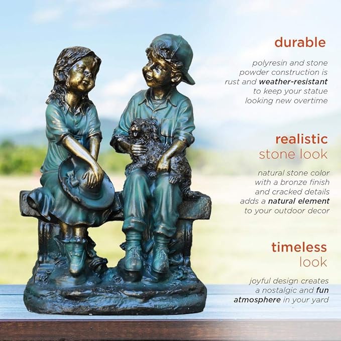 Alpine Corporation 16" Tall Indoor/Outdoor Girl and Boy Sitting on Bench with Puppy Statue Yard Art Decoration-VerdiqueGarden