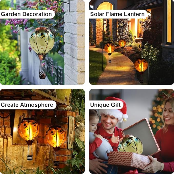 Hot Air Balloon Solar Lantern with Flickering Flame, Glass Hanging Garden Lights Outdoor Waterproof for Tree Yard Patio Mother's Day Gift, 18" H Bee-VerdiqueGarden