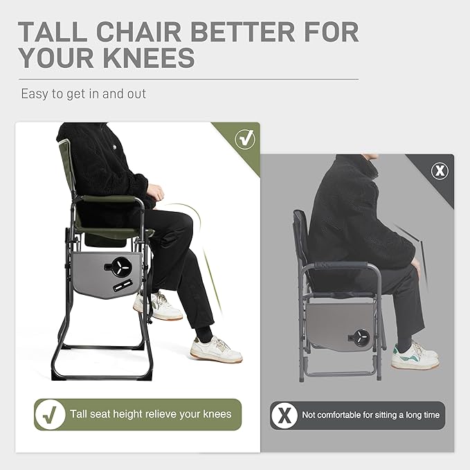 EVER ADVANCED Portable 30.7" Seat Height Tall Folding Camping Chair Directors Chair High Foldable Bar Stool with Side Table for Makeup Artist, Sports Event, Craft Show, Supports 350LBS Green Grey-VerdiqueGarden