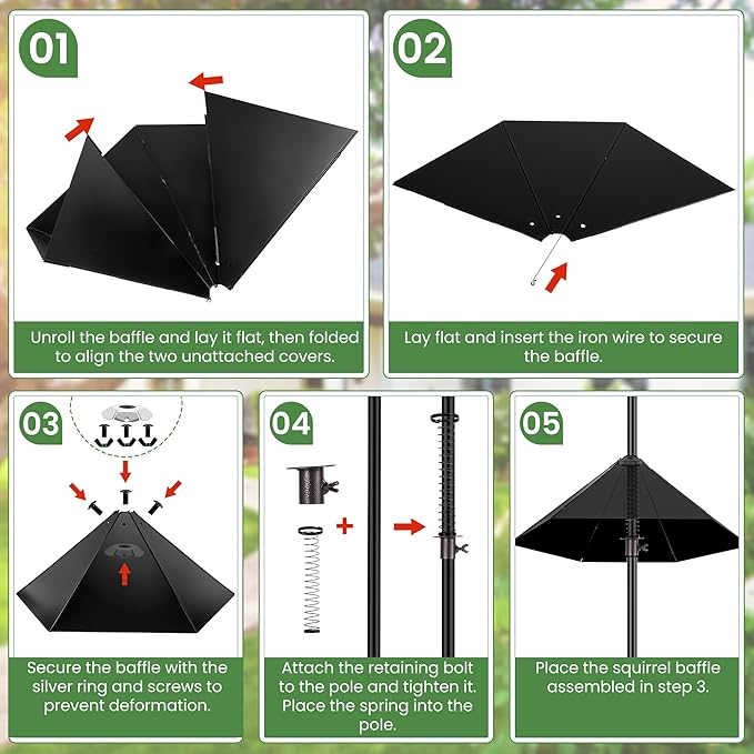 Bird Feeder Pole, 79 Inch Heavy Duty Bird House Pole Mount Kit for Outdoors, Adjustable Feeding Stand, with 2-Hooks, Metal Squirrel Baffle and 5-Prong Base, Black-VerdiqueGarden