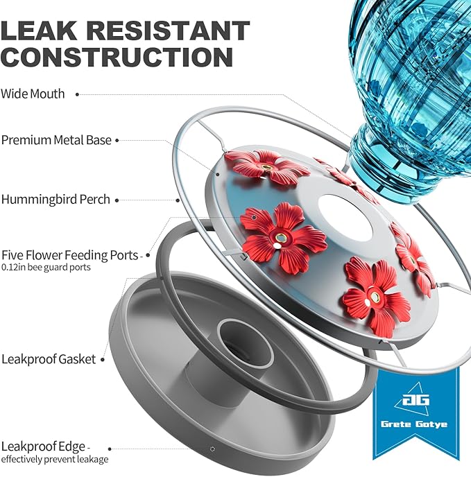 Glass Hummingbird Feeder for Outdoors Hanging, 26Oz Bird Nectar Feeder with Perch & 5 Flower Feeding Ports, Leak Proof for Outside Garden Decor Backyard, Gifts for Women Mom, Blue-VerdiqueGarden