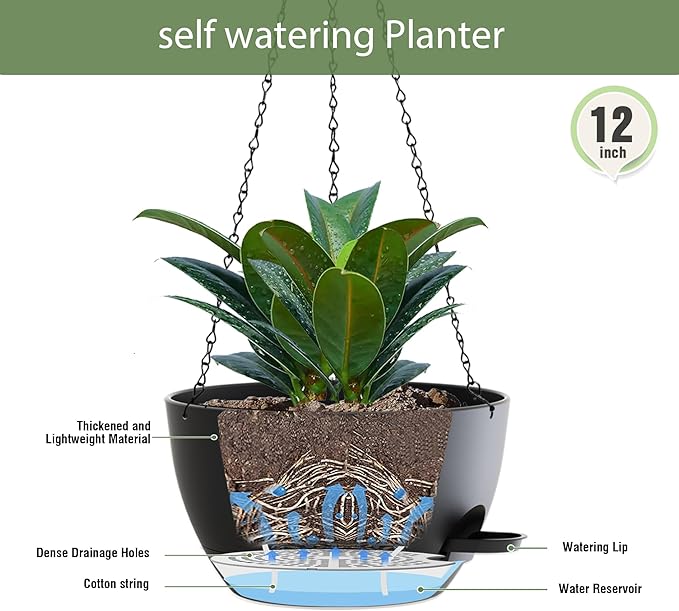 12 Inch Hanging Baskets 2 PC with Chains, Self-Watering Hanging Planters for Indoor Outdoor Plants, Plastic Hanging Flower Pots,Black-VerdiqueGarden