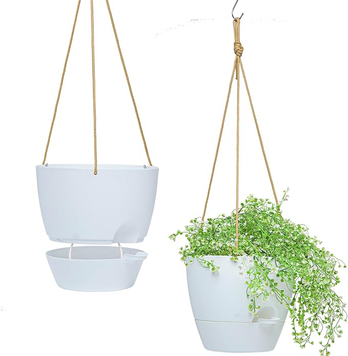 10 Inch Self Watering Hanging Pots, 2 Pack Hanging Planters with 40oZ Deep Reservior for Indoor Outdoor Plants Flowers, White-VerdiqueGarden