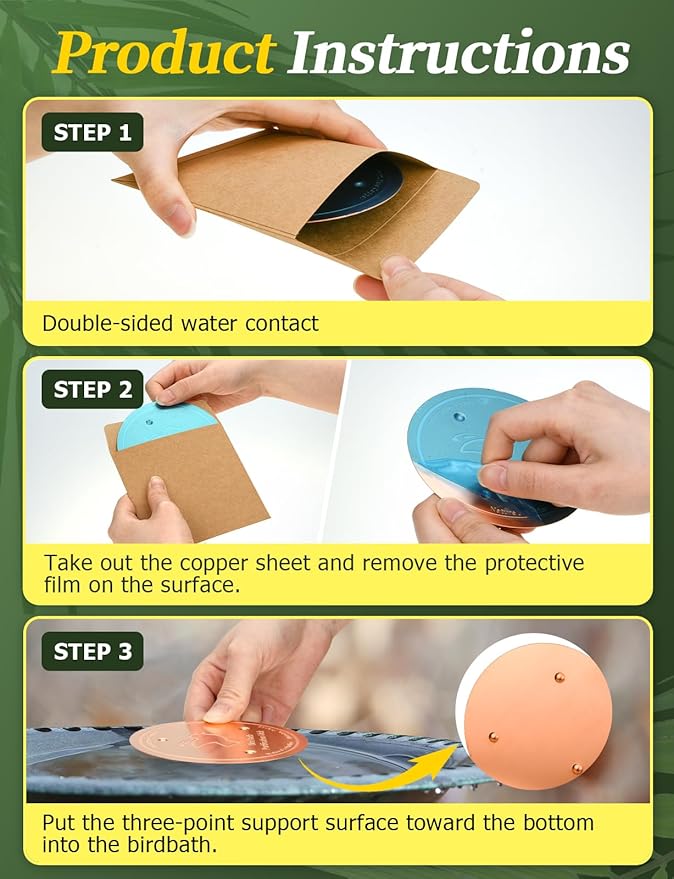 Mellbree 2-Pack Bird Bath Copper Disk, 0.6mm Reinforced 99.99% Pure Copper Cleaning Disk with Triple-Point Support for Physical Safe Clean Water All-Season, Universal Fit for Outdoor Birdbaths, Bowl-VerdiqueGarden