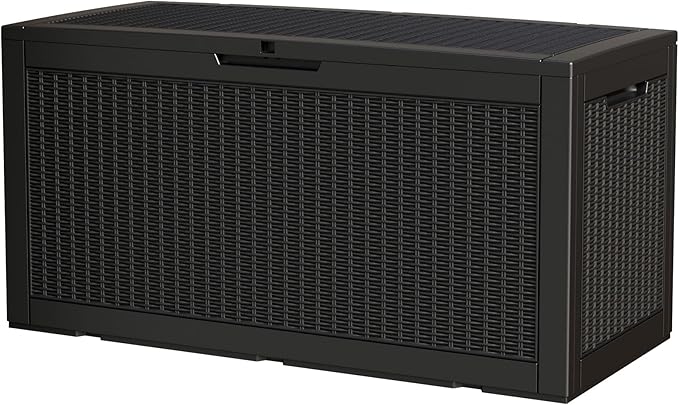 100 Gallon Storage Box, Waterproof Resin Deck Box with Hydraulic Piston Design, Lockable Storage Bench for Package Delivery, Storage Bin for Patio Cushions, Garden Tools, Black-VerdiqueGarden
