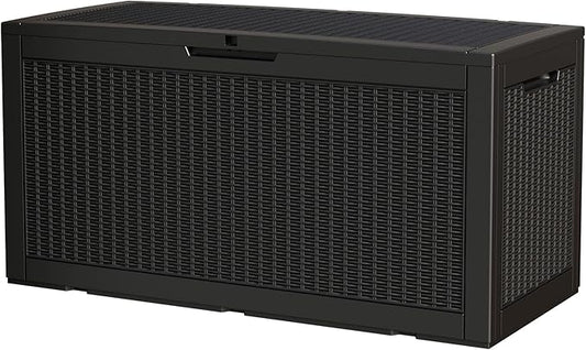 100 Gallon Storage Box, Waterproof Resin Deck Box with Hydraulic Piston Design, Lockable Storage Bench for Package Delivery, Storage Bin for Patio Cushions, Garden Tools, Black-VerdiqueGarden