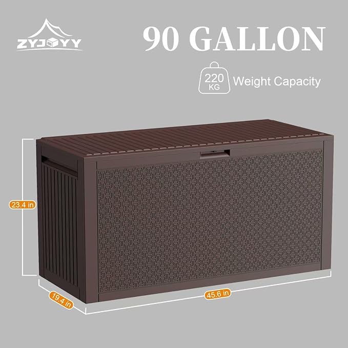 90 Gallon Resin Deck Box, Weatherproof Outdoor Storage Box for Patio, Garden, Pool, and Yard, Lockable Waterproof Bin for Tools, Cushions, and Accessories, Brown-VerdiqueGarden