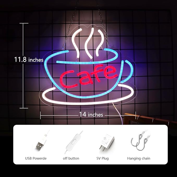Cafe Neon Sign for Coffee Bar Pub Decor,Blue Wall Art Decoration For Restaurant Living room,Led Light of Cafe,USB Power Supply With Metal Chain.-VerdiqueGarden