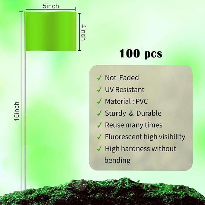 Zozen 100Pack Green Marking Flags, Writable/15x4x5 Inch, Yard Flags for Lawn & Irrigation & Landscape & Sprinkler & Survey & Dog Training.-VerdiqueGarden