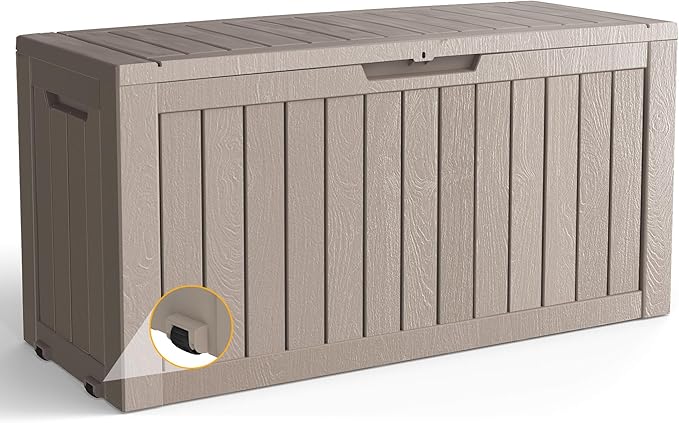 80 Gallon Outdoor Storage Box with Wheels, Waterproof Lockable Resin Deck Box Patio Storage Bin for Pool Accessories Cushion Furniture, Garden Tools, UV-Resistant Outside Delivery Grey-VerdiqueGarden