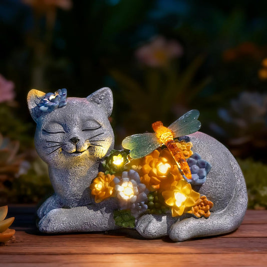 Solar Cat Garden Statue - Lying Outdoor Figurine with Dragonfly & Flower LEDs, Upgraded 2.0 Solar, Auto On/Off, IP65 Waterproof Hand-Painted Resin, Garden Decor, Gift for Cat Lovers, Mom, Grandma-VerdiqueGarden