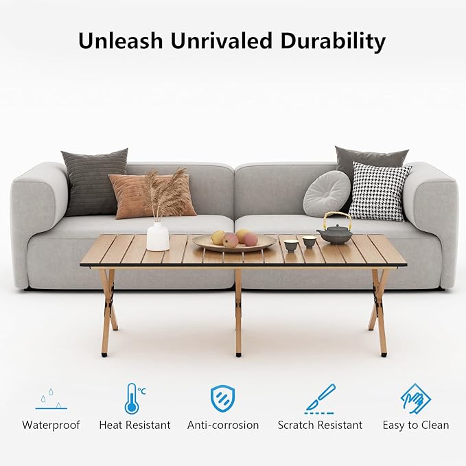 Folding Camping Table, 48Inch Lightweight Roll-Up Table Aluminum Low Portable Picnic Table with Carrying Bag for Outdoor, Beach, Picnic, Backyards, BBQ and Party Log Color-VerdiqueGarden