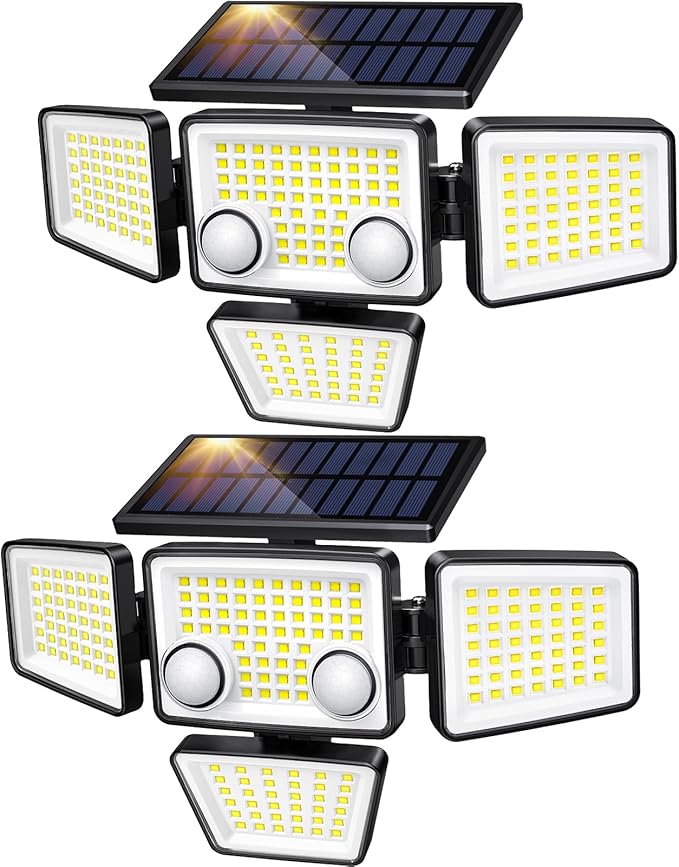 Solar Outdoor Lights - 3000LM 188 LED Motion Sensor Outdoor Lights, 4 Heads Security Light,IP65 Waterproof, Easy Install,270°Wide Angle Flood Wall Light with 3 Modes for Backyard Yard (2 Pack)-VerdiqueGarden
