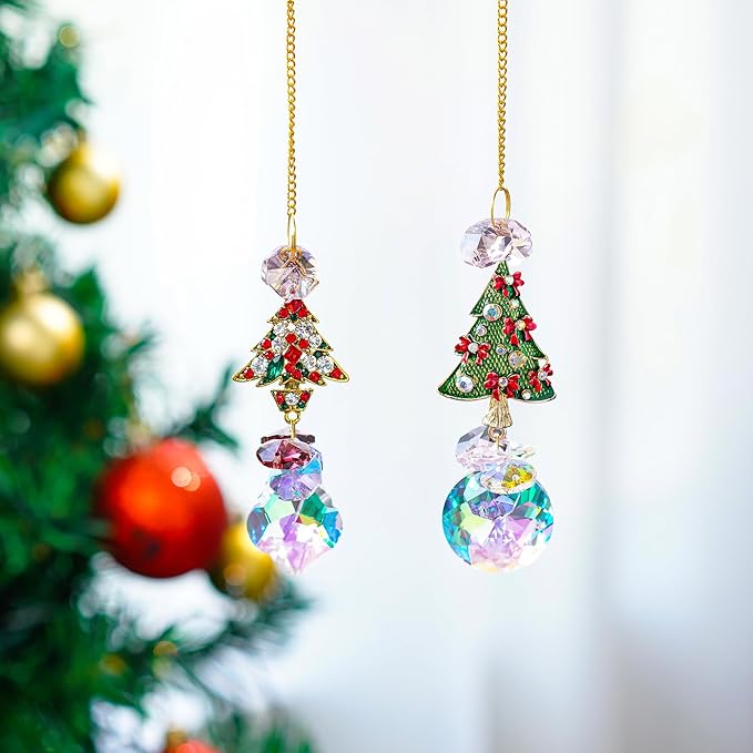 2PCS Rhinestones Christmas Tree Ornaments Suncatcher Prisms Hang for Tree Window Christmas Eve Party-VerdiqueGarden