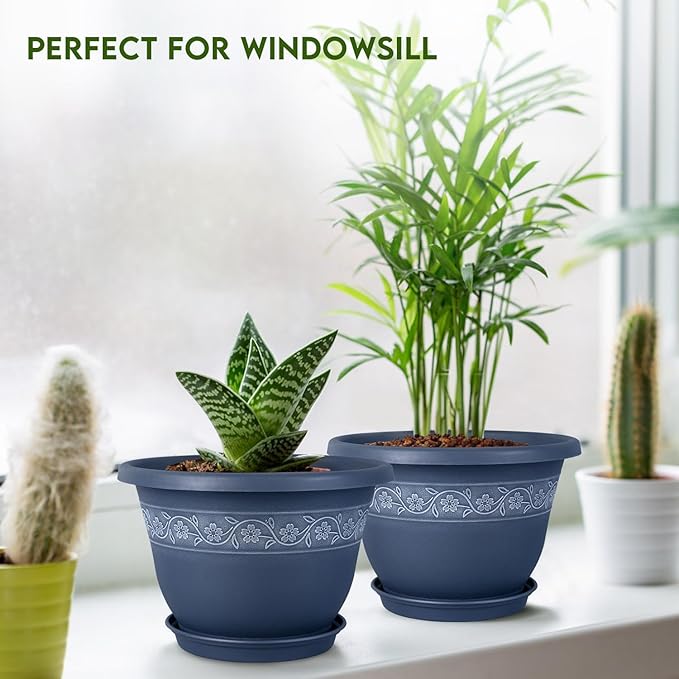10 Inch Plant Pots with Drainage Hole - Lightweight Flower Pots for Herbs and Flowers - Home Decor Plastic Planters for Indoor Outdoor Plants- Pack of 4 (Blue, 10 inch)-VerdiqueGarden