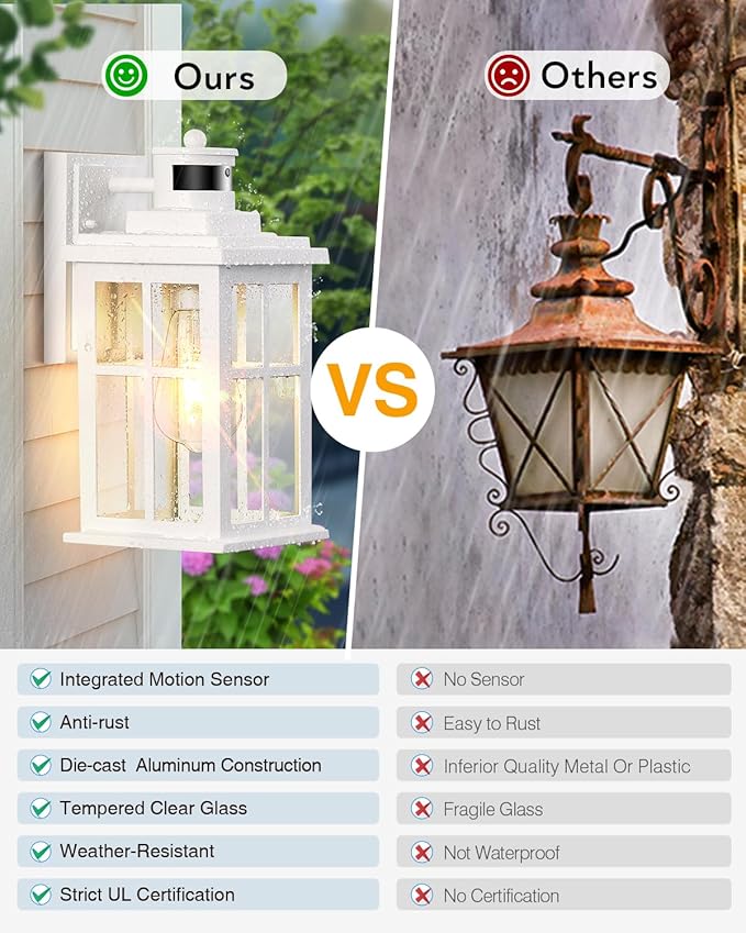White Outdoor Wall Lights, Motion Sensor Porch Light Outdoor, Dusk to Dawn Outdoor Light Fixtures, Waterproof Outside Lights for House, Garden, Front Porch, Tempered Glass, Anti-Rust-VerdiqueGarden