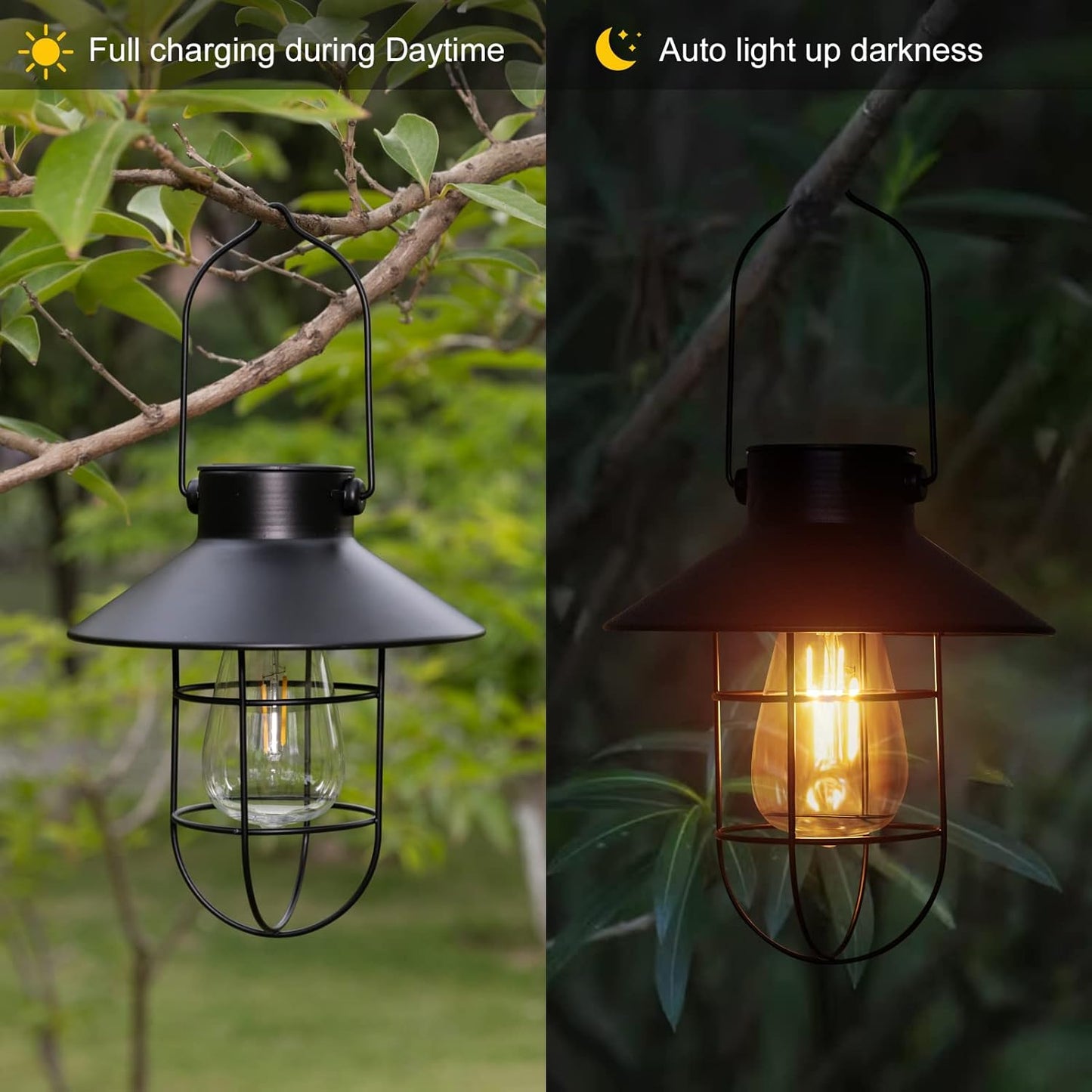 pearlstar Solar Lantern Outdoor 2 Packs Hanging Light Metal Solar Lamp with Warm White Edison Bulb Design for Garden Yard Patio Proch Decor(Black)-VerdiqueGarden