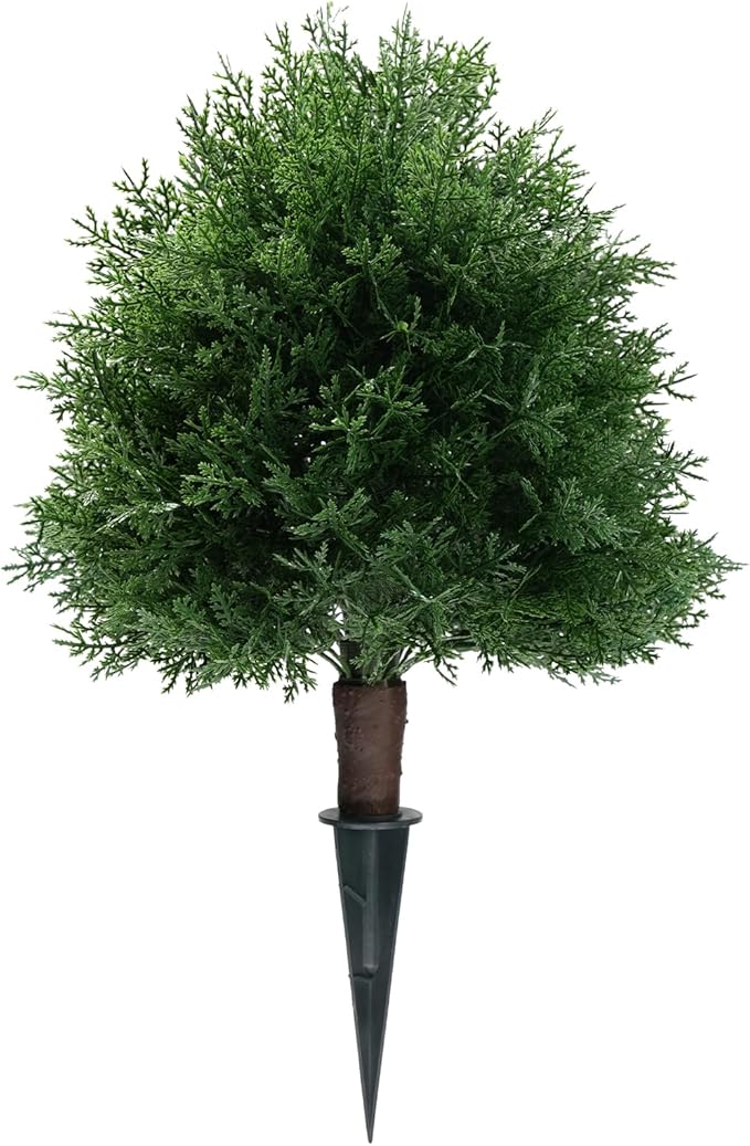 Artificial Cedar Topiary Ball Trees with Ground Spike, 20" UV Resistant Artificial Shrubs, Fake Evergreen Artificial Plant Brush for Indoor Outdoor Front Porch Garden, 1 Pack-VerdiqueGarden