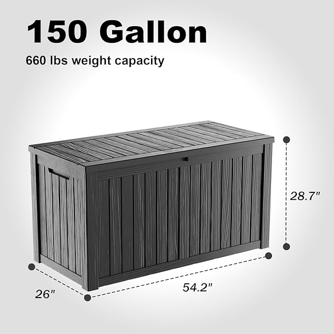 150 Gallon Outdoor Deck Box,Storage Lockable Waterproof Patio Furniture,Garden Tools,Cushions,Pool Accessories Outside Storage Resin Box(Black)-VerdiqueGarden