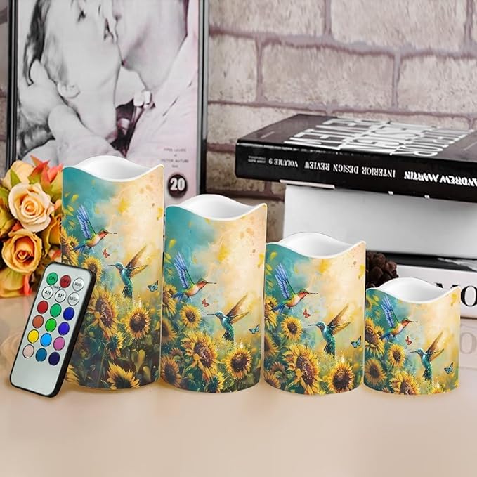 Ystardream Art Sunflower Hummingbird Flameless Candles for Outdoor Indoor Color Changing LED Candles with Remote Timer Battery Operated Candles for Valentines Wedding Home Decoration Gifts-VerdiqueGarden